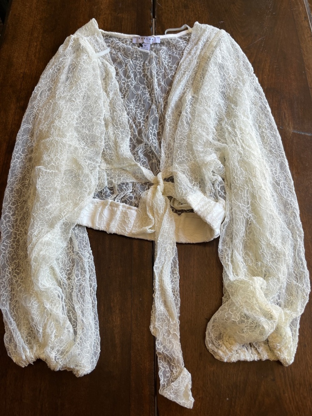 Sheer Lace Tie-Front Crop Top - Cream